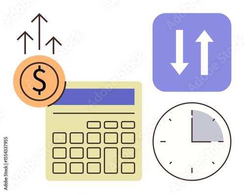 Calculator with money symbol and arrows, clock showing time, and comparison arrows. Ideal for finance, budgeting, accounting, time management, economics investment productivity. Clean simple flat