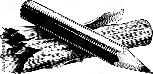 Pencil tip and wood shaving illustration with graphite detail for art and design