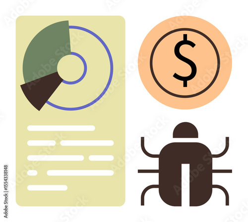 Pie chart with text block, dollar sign in circle, and bug icon signifying data, money, and threats. Ideal for finance, business, security, risk management IT analysis simple flat metaphor