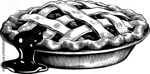 Vintage hand drawn pie dish with lattice crust and berry juice silhouette for cooking design