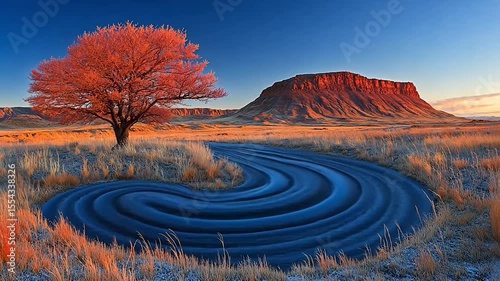 Sunrise landscape with a red tree, swirling road, and distant buttes.