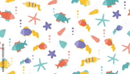 Seamless summer pattern with beach objects. Beach, vacation, summer concept. Background of shells, fishes, stars. Vector flat backdrop.	