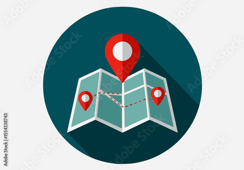 map pin icon | A map with multiple location pins, some connected by a dashed line, suggesting a route or journey.