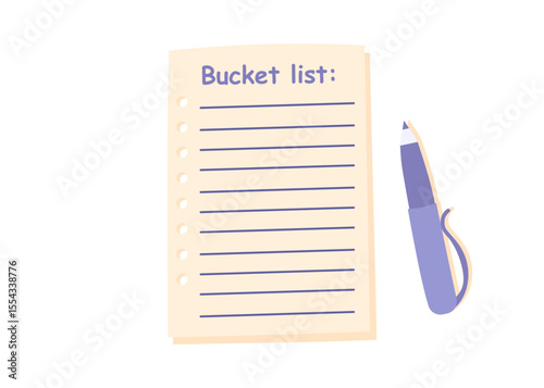 A bucket list and a pen isolated on white background. Concept of wishes, travel, dreams. Vector flat clipart.