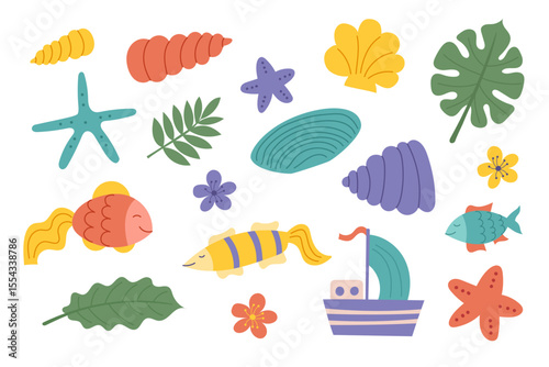 Set of summer beach objects. Collection of shells, fishes, stars, leaves. Vector flat cliparts.	