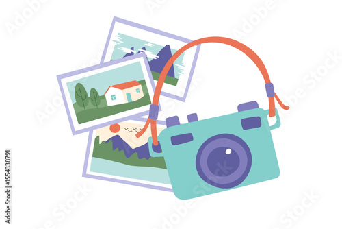 Old vintage photo camera with photos. Concepts of photo, travel, memories, retro style. Vector cliparts in flat style.	