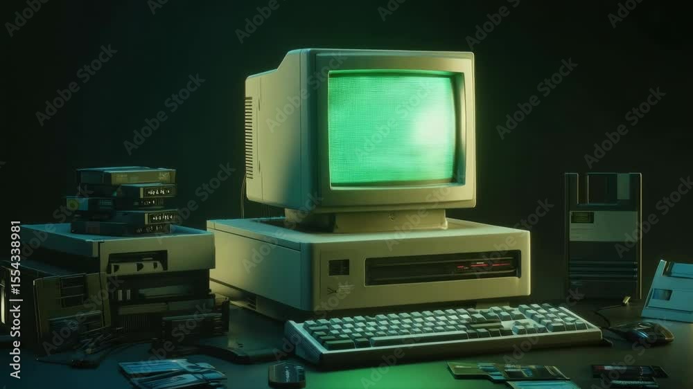 Exploring retro technology with an old computer setup featuring a CRT monitor and various vintage accessories