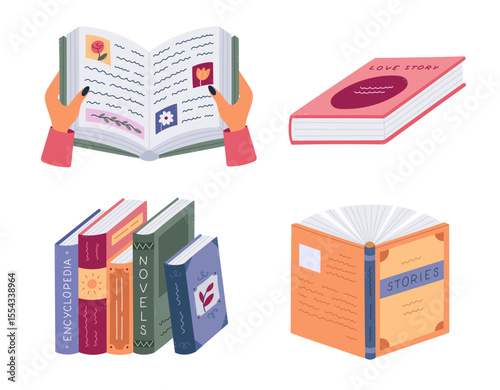Lovely cartoon set with open book in hands with pictures, paragraphs, love story, fiction standing in row. Hand drawn back to school concept for reading, studying isolated on white background.