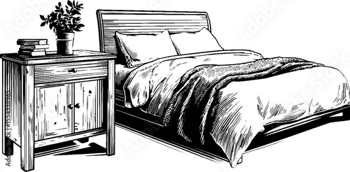Vintage bedroom design with platform bed and wood slat headboard for interior inspiration