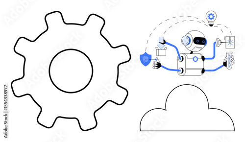 Robot performing multitasking with gear and cloud elements, emphasizing innovation, efficiency, and cloud-based automation. Ideal for AI, tech, productivity, development, engineering security
