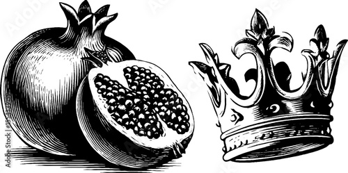 Pomegranate burst with juice spray, seed, and regal crown design for posters or cards