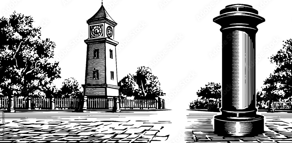 Vintage clock tower and cobblestone plaza with trees for retro design