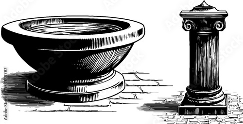 Vintage sketch of fountain basin and stone paving for architectural design