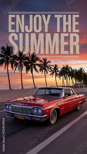 Cinematic lowrider car t-shirt featuring sunset and Enjoy The Summer quote  
