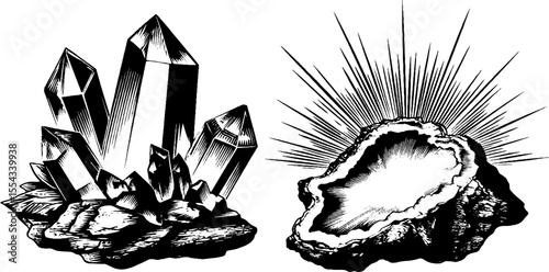 Vintage quartz cluster and crystal silhouette for design projects