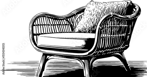 Boho style rattan armchair with woven pattern for interior design