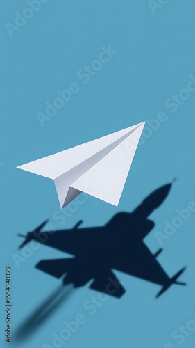 Minimalist white kite art with striking fighter jet shadow