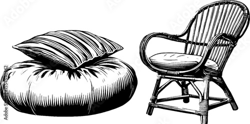 Boho chic rattan chair and embroidered cushion set for interior design