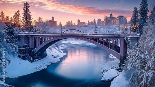 Snowy bridge over a river at sunrise, with snow-covered trees and buildings in the background.