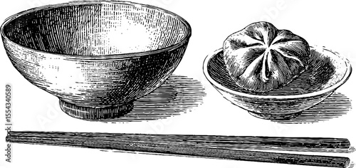 Vintage rice bowl and chopsticks with grain puff - hand drawn design for kitchen decor