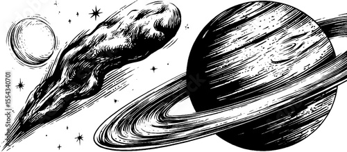 Celestial wonders: ringed planet and swirling galaxy art for cosmic design