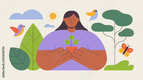 woman holding a sprout surrounded by nature elements, vector illustration for connecting with nature, environmental mindfulness and mental well-being
