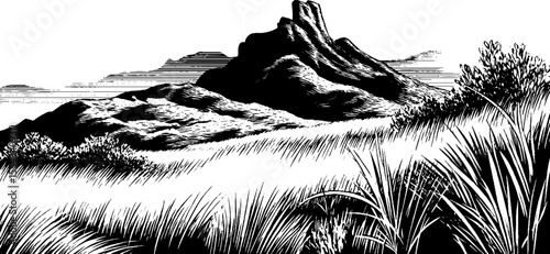 Rugged rocky plateau with distant mountain ridge in vintage hand drawn style