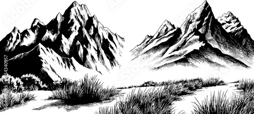 Scenic rocky plateau and mountain ridge landscape illustration for nature design