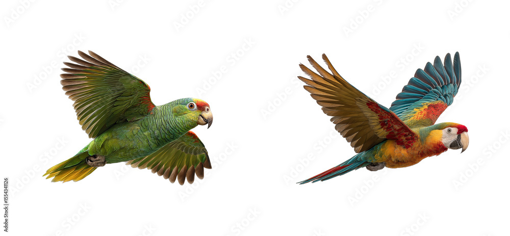 Obraz premium Colorful macaws and green parrots in flight tropical forest wildlife natural habitat aerial cut out set png