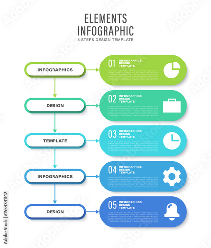 Vertical infographic template. Five steps or options business infographic layout with icons and place for data