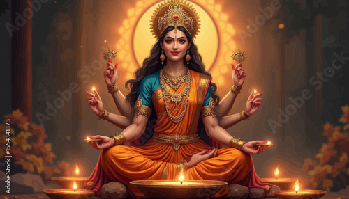 Goddess Surrounded by Eight Arms Illuminating Festival Lamps in a Serene Forest
