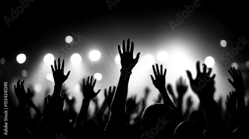 Silhouetted hands raised by a crowd at a concert with bright lights