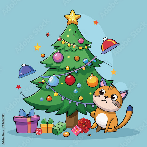 Cute Cat and Overloaded Christmas Tree Festive Holiday Illustration