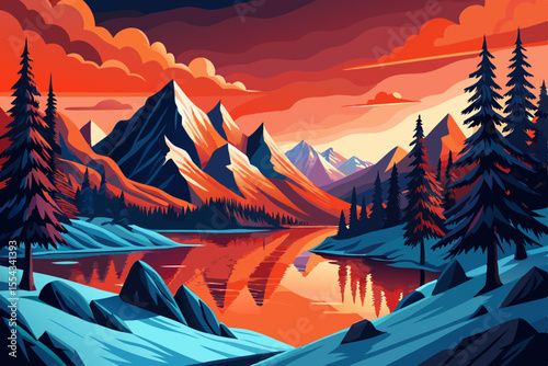 illustration of Snow covered Andes mountains and lake and pine trees