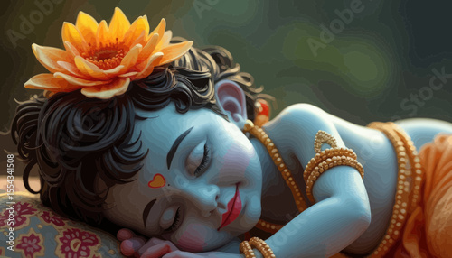 Krishna Peaceful  Sleeping with Flower Crown and Blissful Expression Indoors