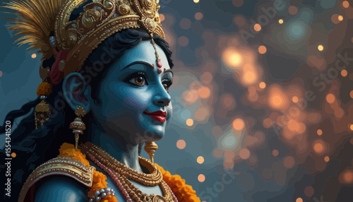 Krishna Portrait of a Divine Figure with Ornate Headpiece in a Festive Atmosphere
