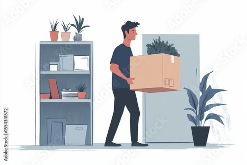 People relocating, man carrying a box of belongings into a new apartment., Generative AI