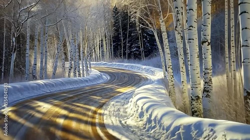 Winding snowy road through birch forest, sunlit path.