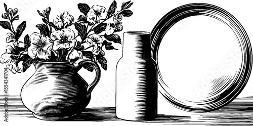 Scandinavian style round wall mirror with floral vase and bottle sketch for home decor