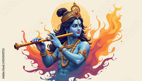 Shiva Divine Figure Playing Flute Surrounded By Ethereal Flames In A Spiritual