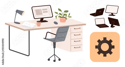Computer workstation on ergonomic chair and desk, desk lamp, plant, documents, and tech devices. Ideal for productivity, workplace setup, organization, creativity work-life balance home office
