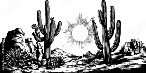 Vintage saguaro cactus landscape with flowering tops and sunburst in desert scene