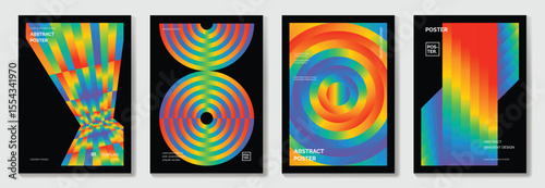 Rainbow bridge gradient poster background vector set. Cover template with vibrant perspective geometric prism shapes. Ideal design for social media, cover, banner, flyer.