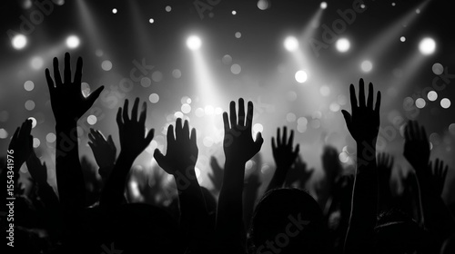 Silhouetted hands raised in worship or celebration at a concert or event