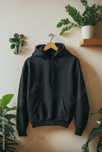 Dark Green Hoodie Mockup Hanging with Focus on Hood and Sleeves – Perfect Lighting and Beige Decorative Background Highlight Material Structure