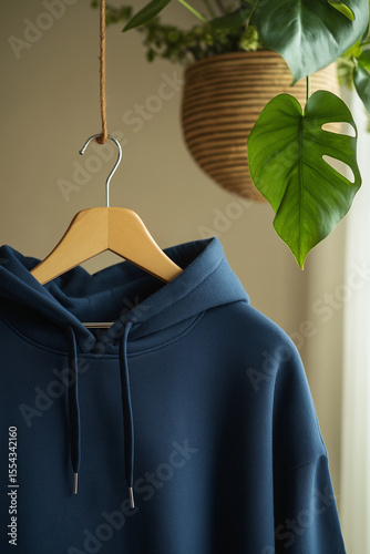 Navy Blue Hoodie Hanging on Wooden Hanger with Studio Lighting – Smooth Beige Background and Ceramic Pot with Trailing Plant