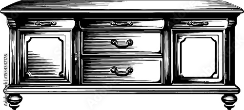 Vintage sideboard with fluted drawer fronts in art design for retro decor
