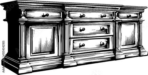Vintage sideboard with fluted drawer fronts for retro design and interiors