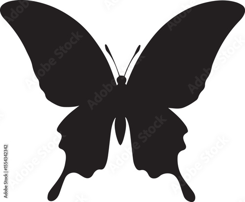 Elegant black silhouette reveals a butterfly with open wings, showcasing simplicity and natural beauty on a white background.