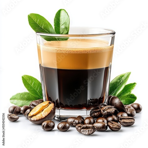 Espresso Coffee in Glass with Beans and Leaves